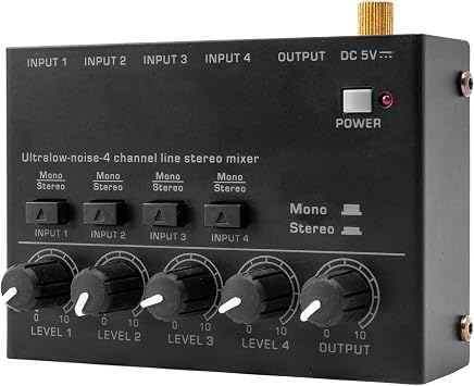 Ultra Low Noise 4 Channel Line Stereo Mixer 4 Input 1 Output DC 5V Portable Mini Audio Mixer Microphone Guitar Bass Keyboard Mixers for Club Bar Stage Studio
