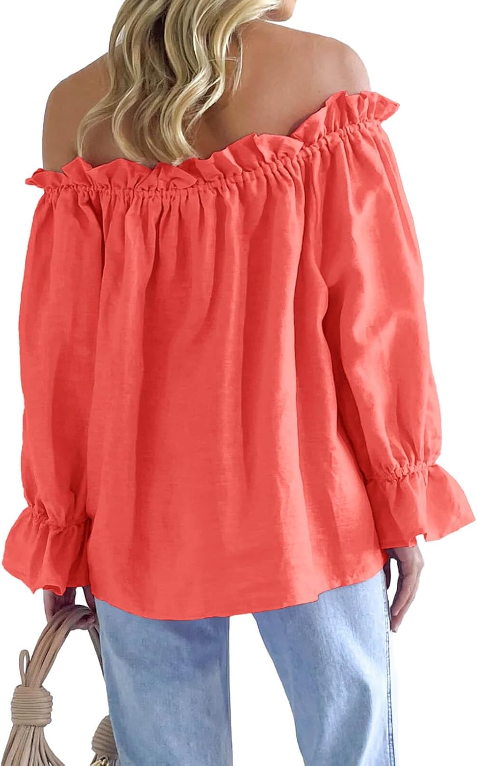 Imily Bela Womens Off The Shoulder Tops Puff Long Sleeve Tie Front Loose Fit Ruffle Shirts Blouses - Image 5