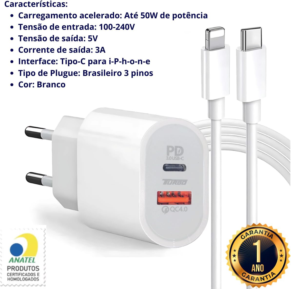 Carregador Turbo 50W + Cabo Compatível i.Phone - i.Phone X Xr 8 11 12 13 14 Plus Pro Max lPad, Duas Entradas USB e USBC, Fonte Tipo C + Cabo Lightnig - Kit Carregador Turbo 50W