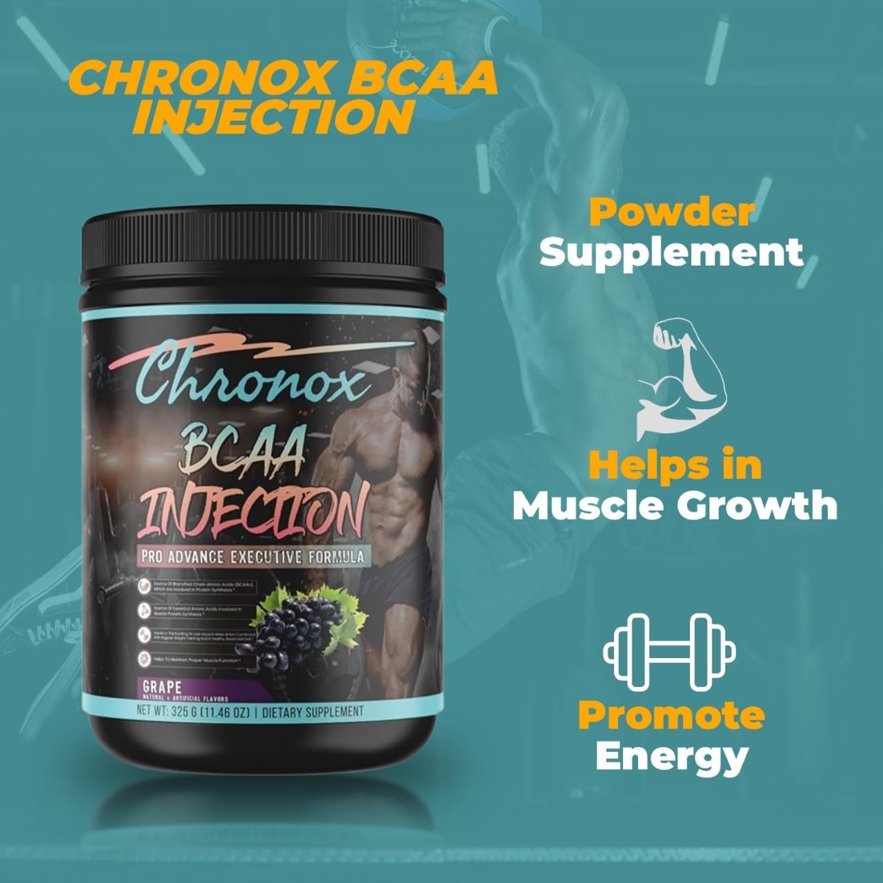 Chronox BCAA Amino Acids Energy Powder-Grape Flavor, 11.46 OZ-Sugar-Free Pre & Post Workout Supplement for Muscle Recovery, Hydration, Energy, and Fitness Performance