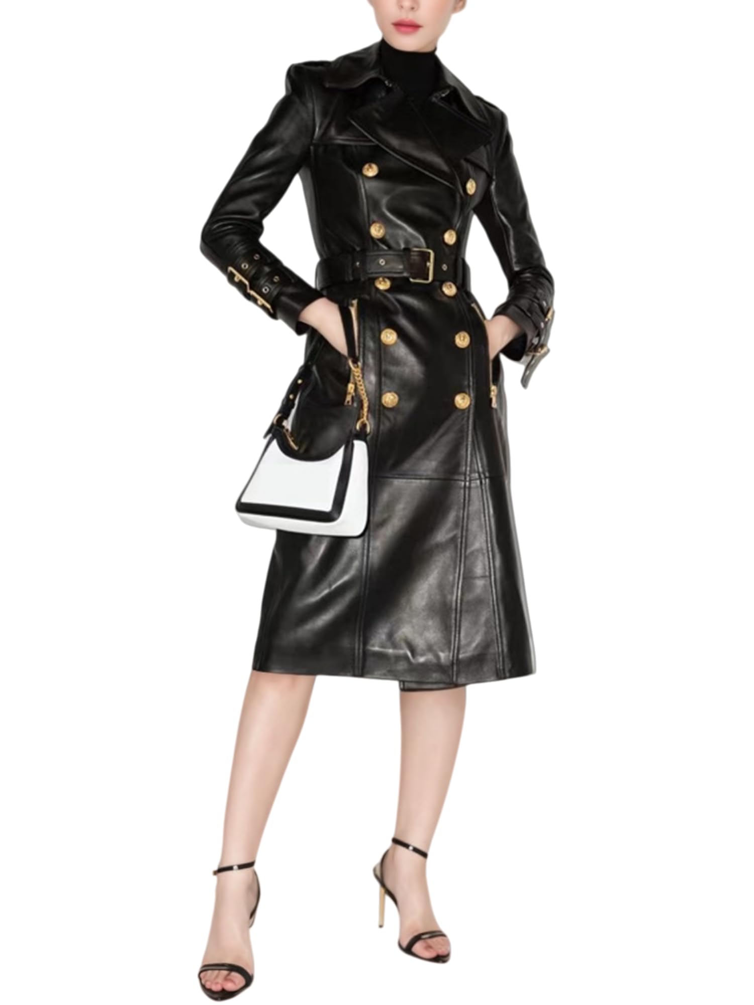 Womens Leather Trench Coat Double-breasted Gold Button Belted Waist Mid-length Outerwear for Formal Occasions