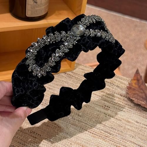 Luxurious Black Velvet Wide Headband with Sparkling Rhinestone French Retro Style High Cranial Top Design Hairband Elegant Hair Accessory for Special Occasions and Evening Events