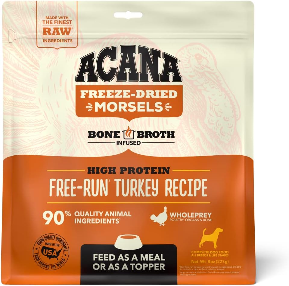 ACANA® Freeze Dried Dog Food & Topper, Grain Free, High Protein, Fresh & Raw Animal Ingredients, Free-Run Turkey Recipe, Morsels, 8oz