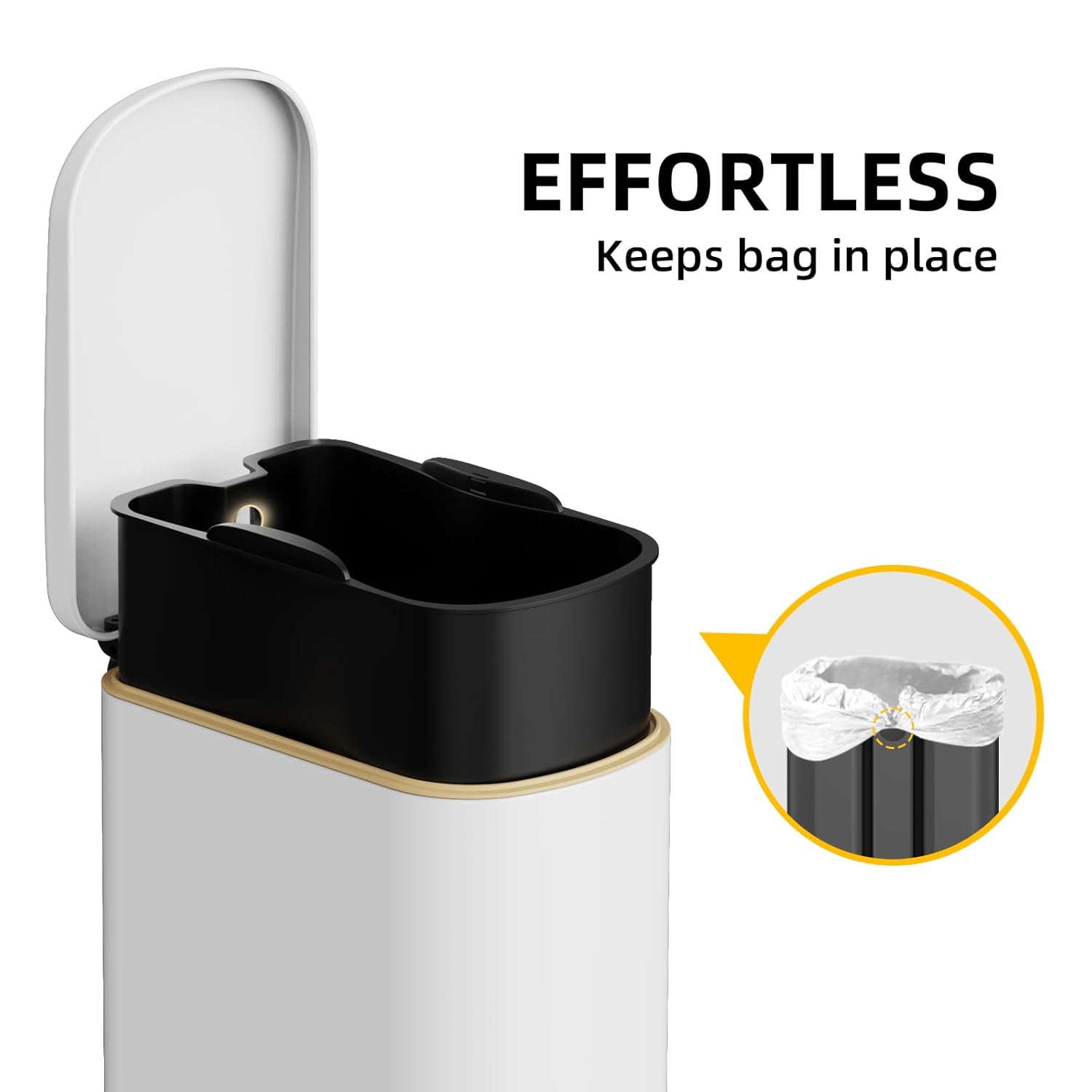 2.6 Gal Stainless Steel Trash Can with Soft Close Stay Open Lid, Small Rectangular 10L Waste bin for Narrow Space, Waterproof, Odor Protection, White