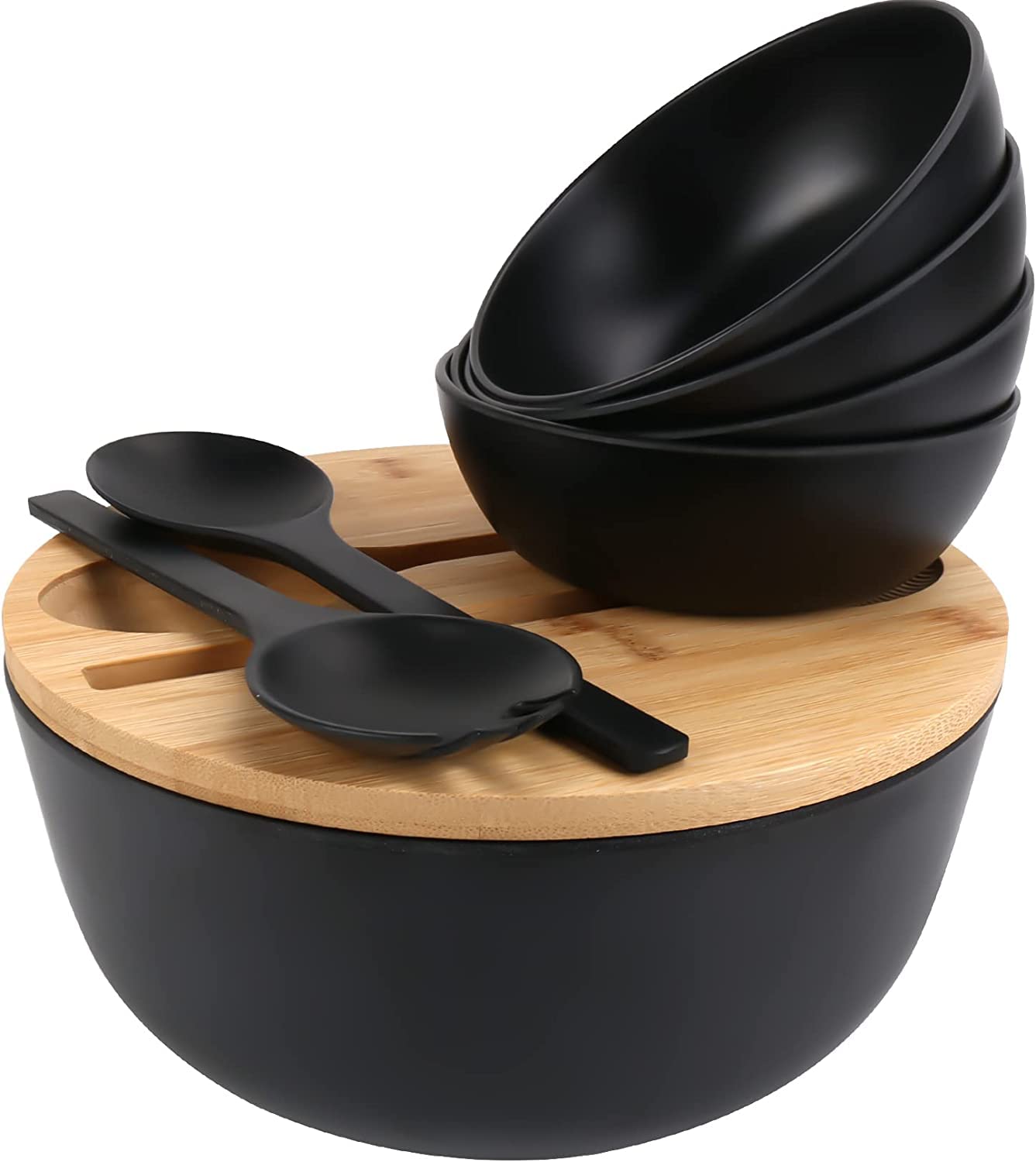 Fitmos Salad Bowls, Large Salad Bowl with Lid and Servers, Bamboo Salad Bowl Set with 4Pack Small Serving Bowls, 25cm Solid Wooden Bowl for Salad, Fruits, Vegetables and Pasta(Matt Black)
