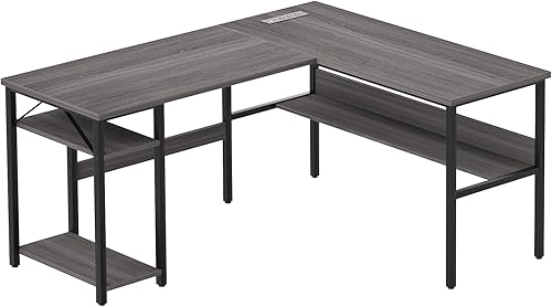 Miniatura 38 de Unikito Escritorio en forma de L con luz LED y toma de corriente, mesa de computadora de esquina reversible con soporte para monitor y estante de