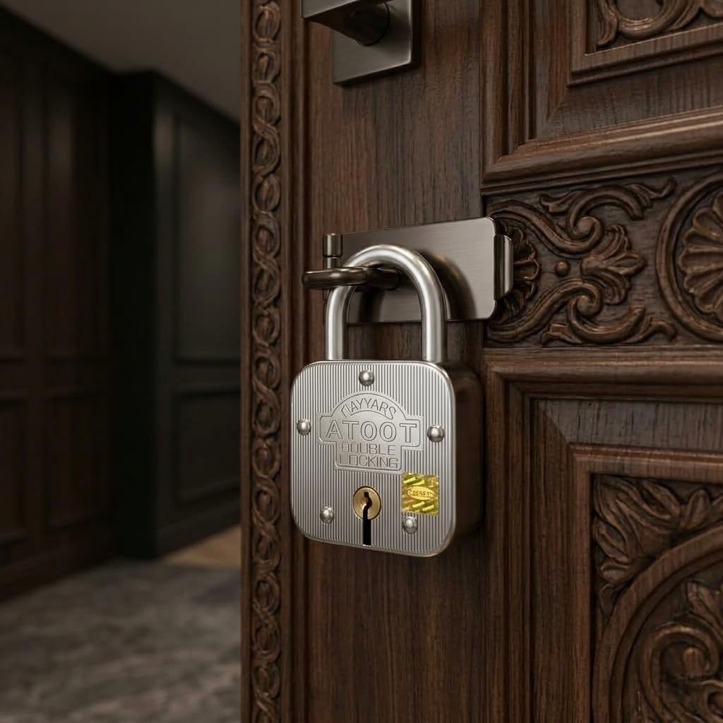 Atoot 65mm Heavy-Duty Iron Padlock | 7-Lever Ultra-Secure Double Locking System | Square Shape Lock with 3 Keys for Home & Shop (Silver)(Pack of 1)-image-19