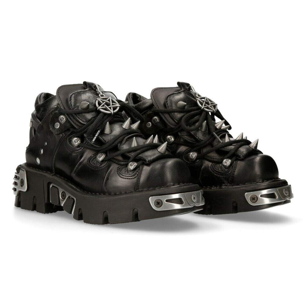 New Rock 110-S1 Women's Black Leather Spiked Ankle Boots: 7 Black