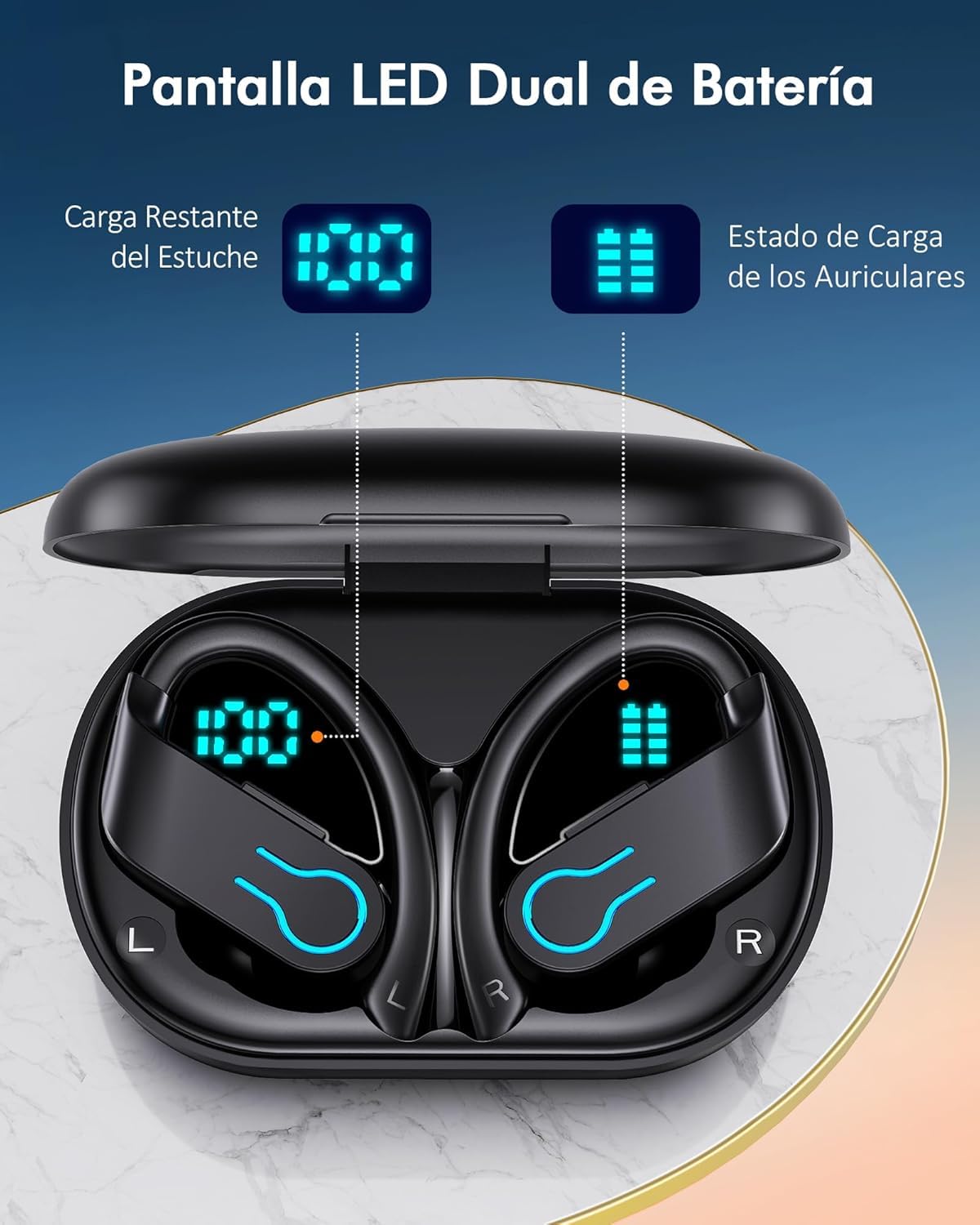 Paekole 2026 Auriculares Inalámbricos Deportivos, Auriculares Bluetooth 6.1 con Gancho, 120H Reproducción Pantalla LED, IPX7 Impermeable, 4 Micrófonos ENC Cancelación de Ruido Cascos Running