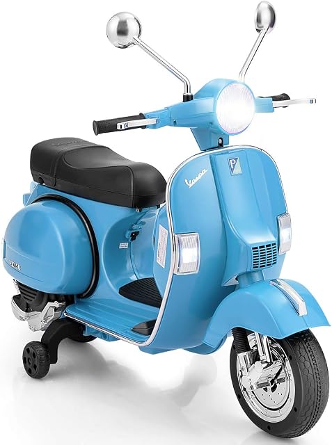 COSTWAY Kids Ride On Motorcycle, 6V Battery Powered VESPA Compatible Scooter with Training Wheels, Headlight, MP3 Music & Horn, Electric Bike for Ages 3+ (Blue)