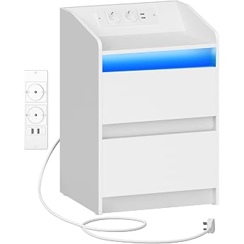 Hzuaneri Bedside Tables with LED Lights Charging Station and 2 Drawers