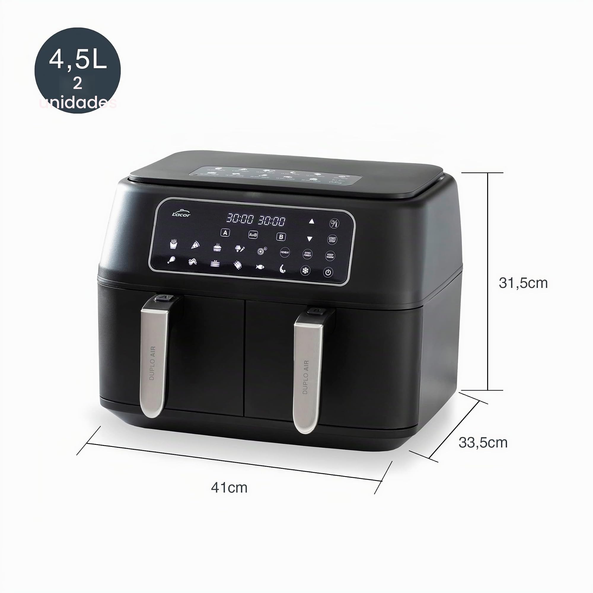 Lacor 69508 - Freidora Sin Aceite DuploAir, Air Fryer con Pantalla Táctil | Frituras crujientes y homogéneas; antiadherente fácil de limpiar, con 9 L de capacidad, práctico y fácil de guardar