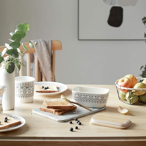 Miniatura 5 de DOWAN Mantequillera con tapa, soporte de mantequilla cubierto de cerámica, recipiente para mantequilla blanca, plato de mantequilla de granja para