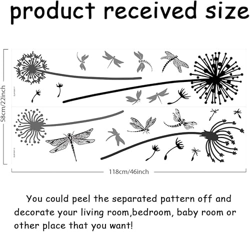 Miniatura 2 de SUPERDANT Pegatina de pared de libélula de diente de león negro, calcomanías de pared de insectos de plantas, vinilo extraíble, decoración del
