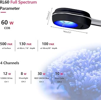 PopBloom RL60 WiFi Reef Light 60W, Full Spectrum Marine Reef LED Aquarium Light Saltwater Aquarium SPS/LPS Coral Fish Tank Lamp (60W WiFi - Black) [Energy Class F]