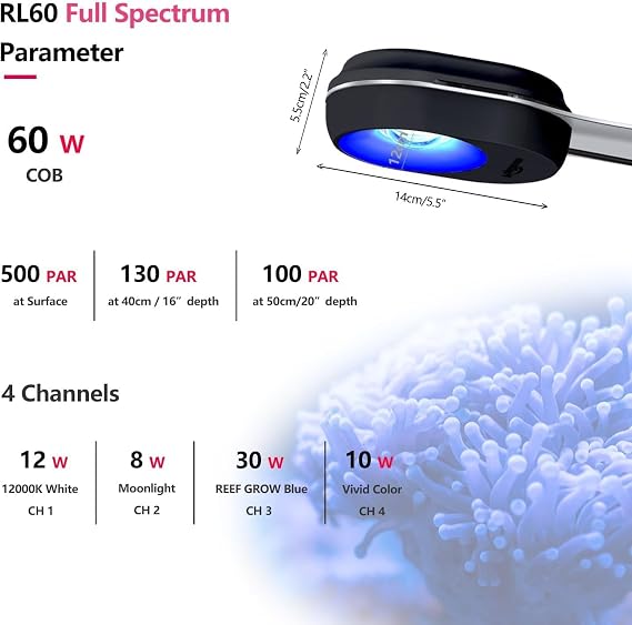 PopBloom RL60 WiFi Reef Light 60W, Full Spectrum Marine Reef LED Aquarium Light Saltwater Aquarium SPS/LPS Coral Fish Tank Lamp (60W WiFi - Black) [Energy Class F]