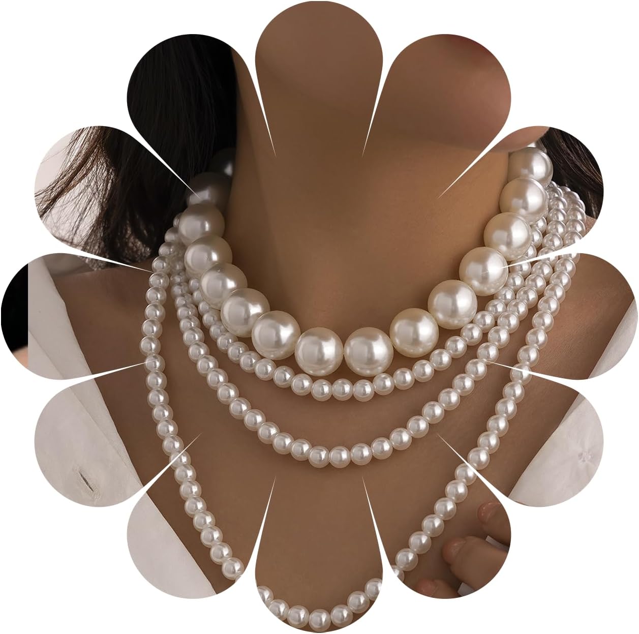 Long Pearl Necklace for Women Chunky Pearl Strand Choker Layered Choker Bridal Wedding Party Vintage Jewelry
