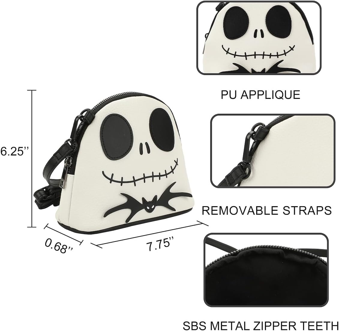 Nightmare Before Christmas Jack Skellington Character Head White 7.75" Dome Crossbody Bag