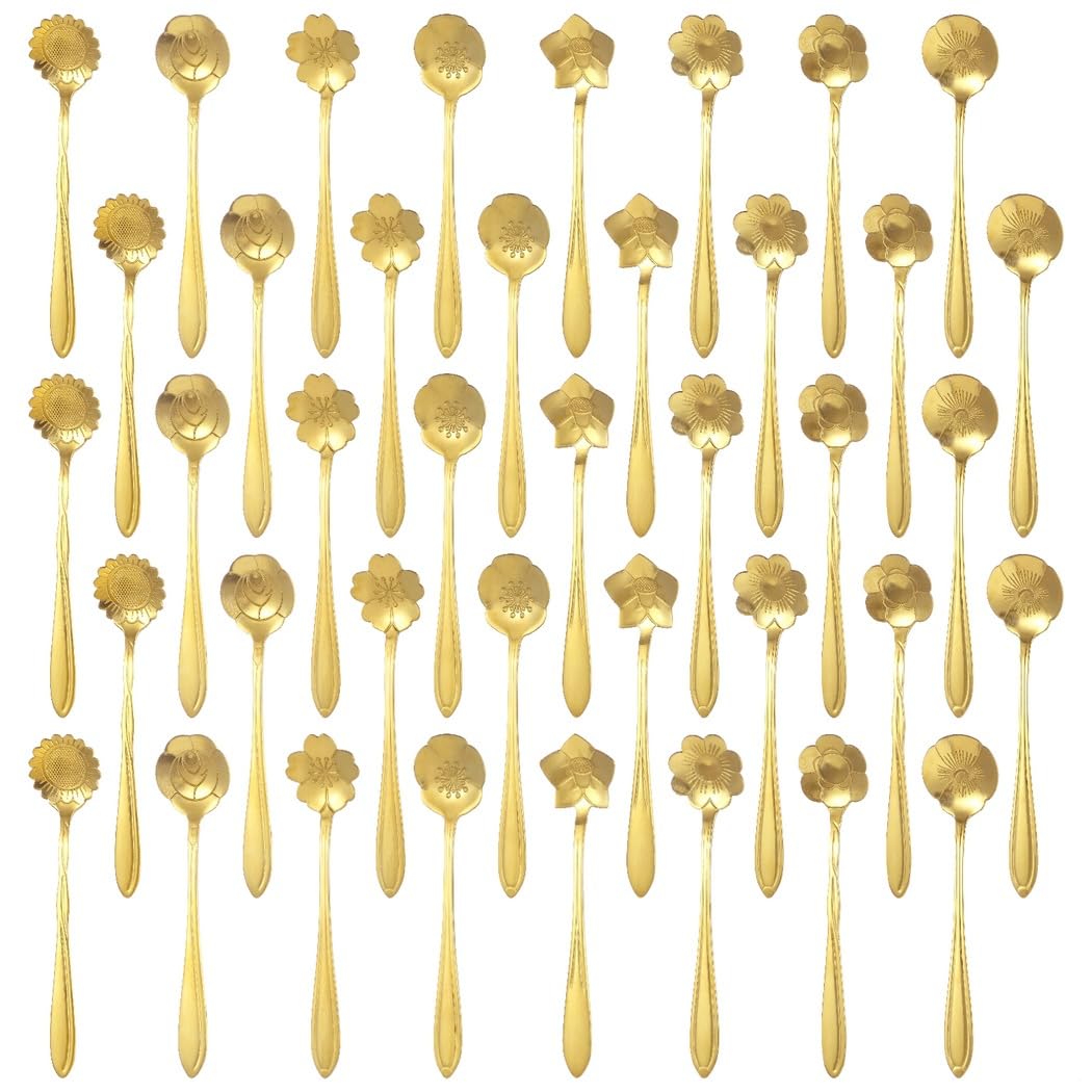 Lot de 40 cuillères à dessert en forme de fleur dorée, mini cuillères à café en acier inoxydable, parfaites pour le café, le thé et les desserts