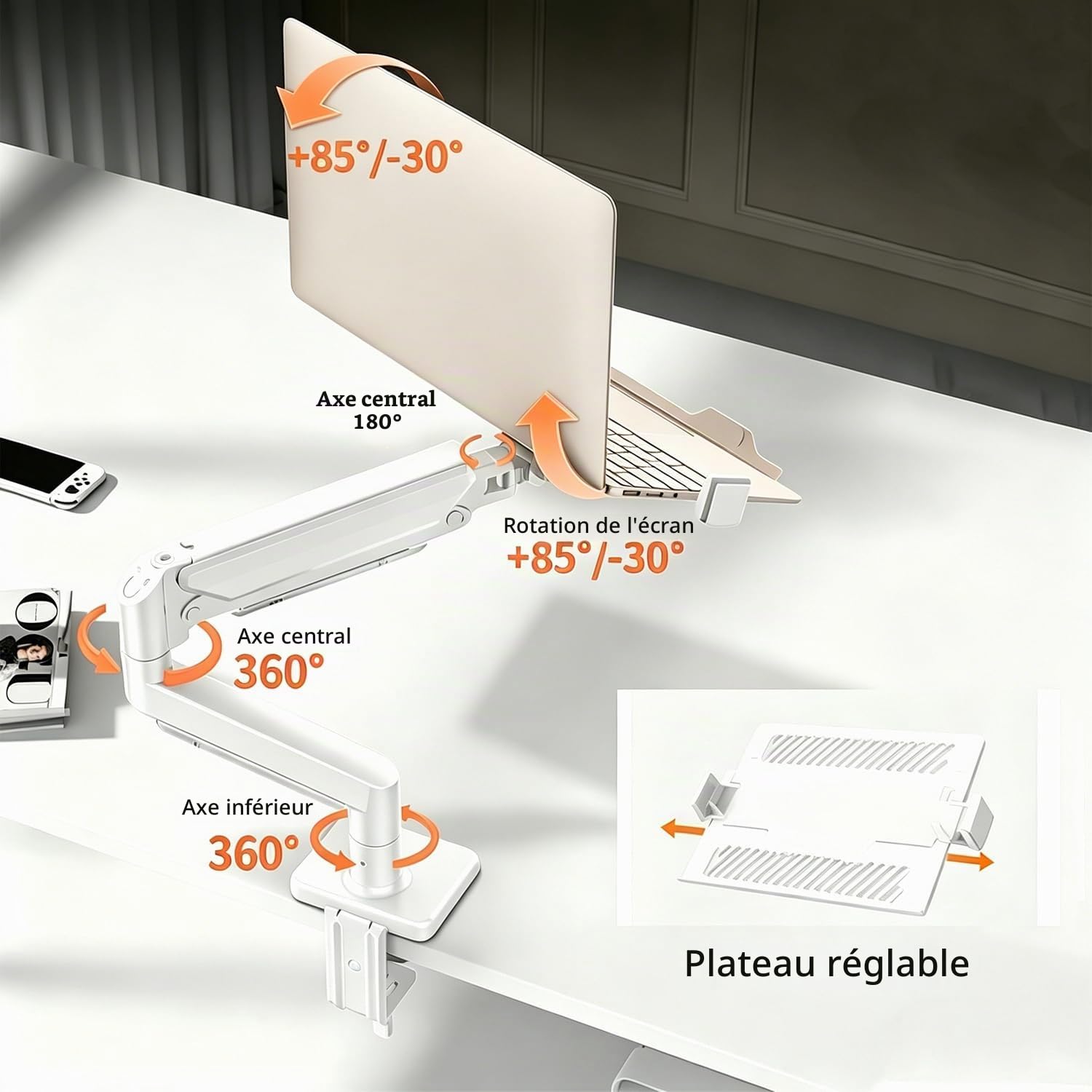 Monitor Arm,Support Pour Ordinateur Portable 2 En 1 Avec Plateau,Capacité Maximale De 10 Kg,Hauteur Réglable,Adapté Aux Ordinateurs Portables De 10 à 17 in,Avec Pince à Trou Rond/Bras De Bureau,Blanc