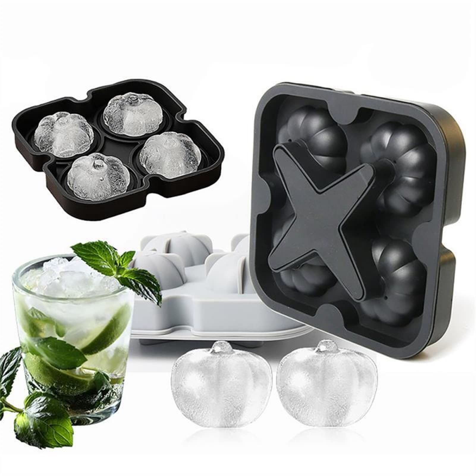 Vassoio per cubetti di Ghiaccio in Silicone a 4 cavità - A Forma di Zucca - Perfetto per Gelato, caffè, Whisky e Cocktail - Strumento da Cucina per preparare Palline di Ghiaccio - (Colore: