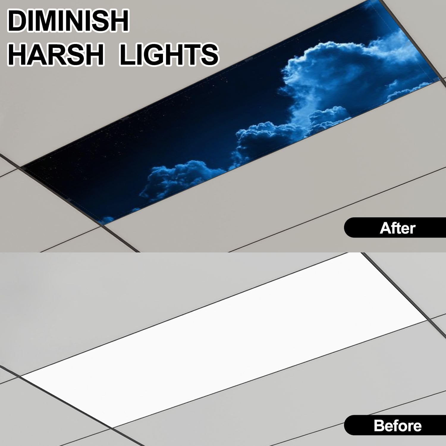 Fluorescent Light Covers for Ceiling Lights Mystical Midnight Sky Stars Surrounded by Dramatic Clouds Dark Easy to Install Magnetic Light Filter for Classroom Office Hospitals School Home Decor