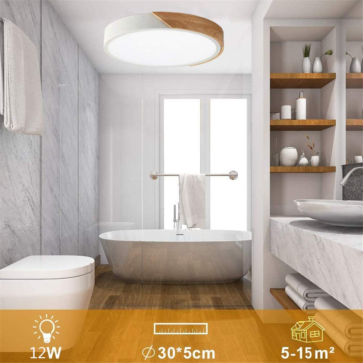 Plafonnier LED En Bois Moderne À Encastrer, 12 Pouces 2400LM 6500K, Luminaires De Lampe En Bois Rond Ultra Mince Pour Cuisine Salle De Bain Salon Chambre Couloir,Bleu,Tricolor light