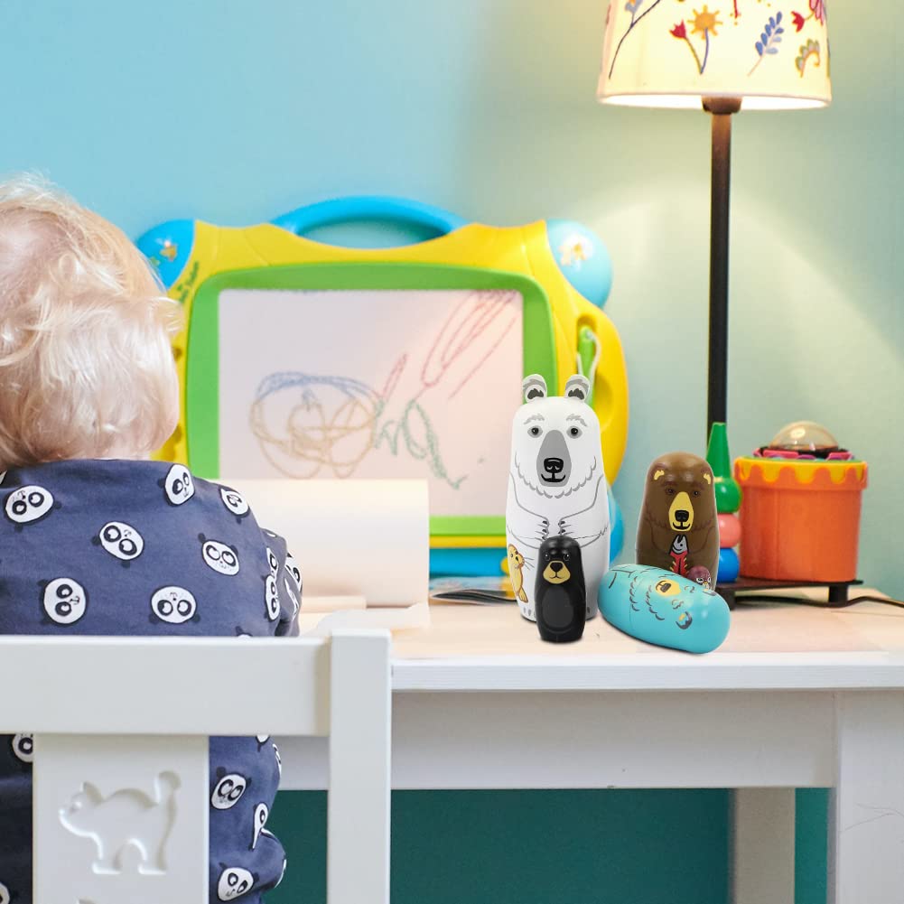 Boerni Ensemble de 5 Animaux en Bois Ours poupées de Nidification, Ours Polaire belette Lion de mer matriochka Russe poupées empilables Jouets pour Enfants Anniversaire fête de Noël Cadeau Home Decor
