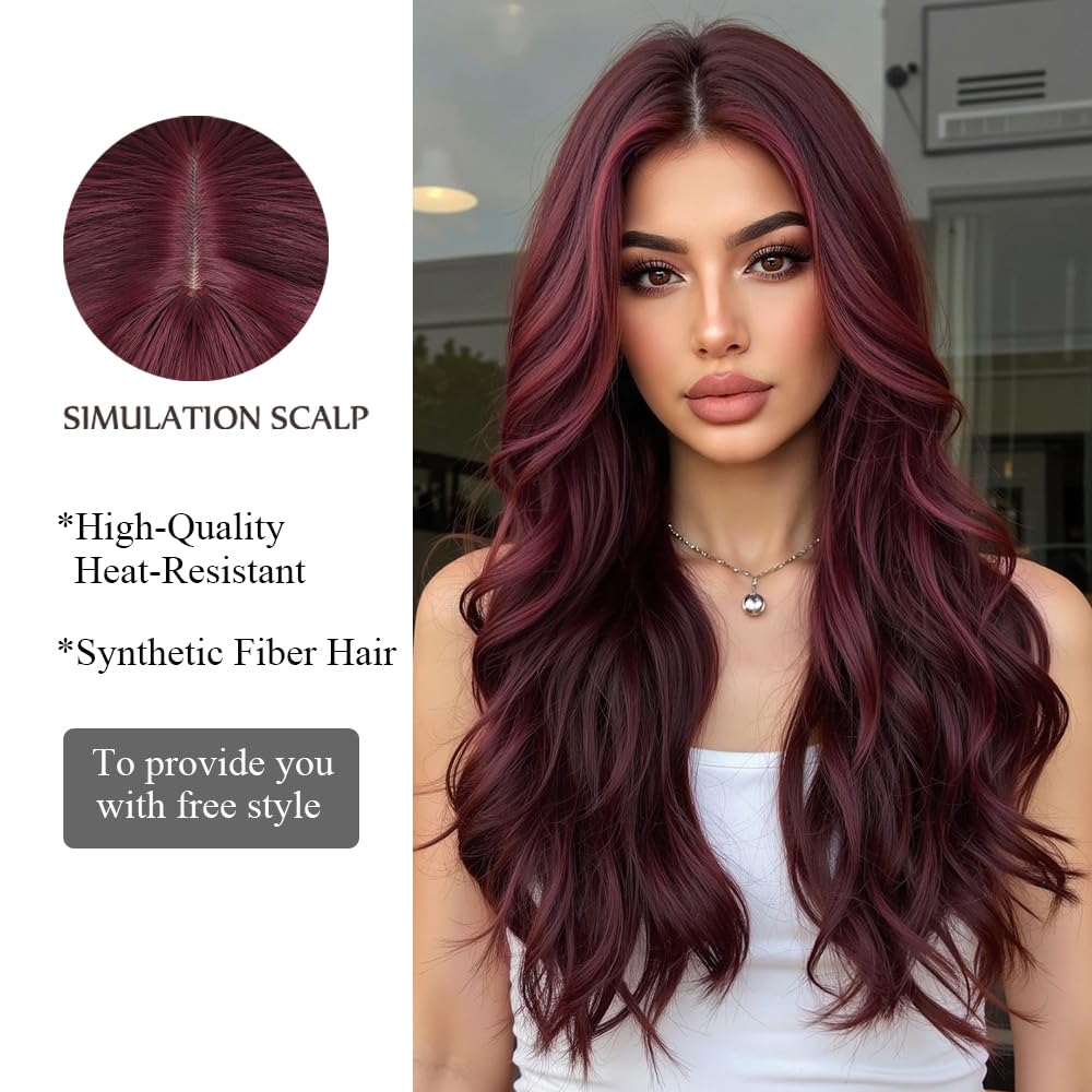 OUFEI Wine red Wigs for Women Long Curly Wig Synthetic Hair Heat Resistant Wigs for Daily Party Cosplay Wear - Image 3