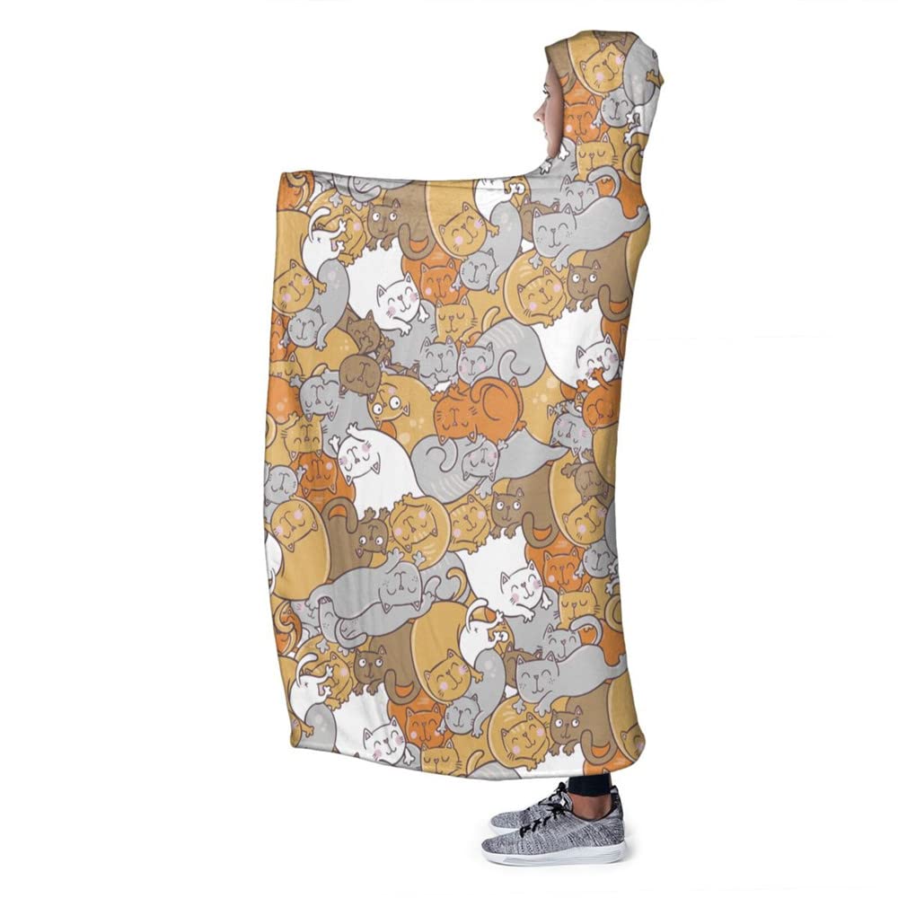 Hiseng Cute Cat Flannel Hooded Cloak Blanket Cute Cartoon Printed Wearable Cape Hooded Poncho For Adult Kids, Soft Fluffy Winter Sofa Watch Tv Snuggle Bed Napping Blankets (,150X130cm)