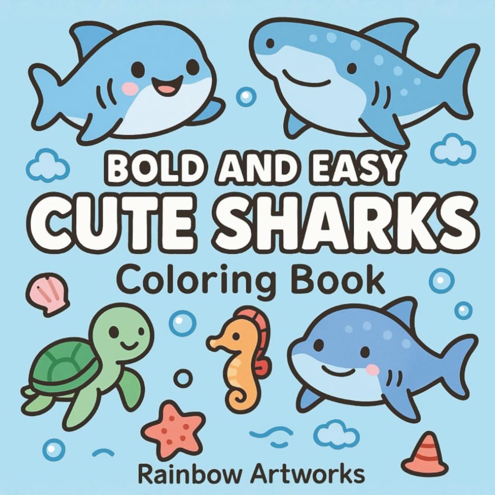 Bold and Easy Cute Sharks Coloring Book: 51 Cozy Underwater Ocean Scenes for Stress Relief and Relaxing Activity | For Kids, Teens, and Adults (Bold & Easy Coloring Books for Gift)