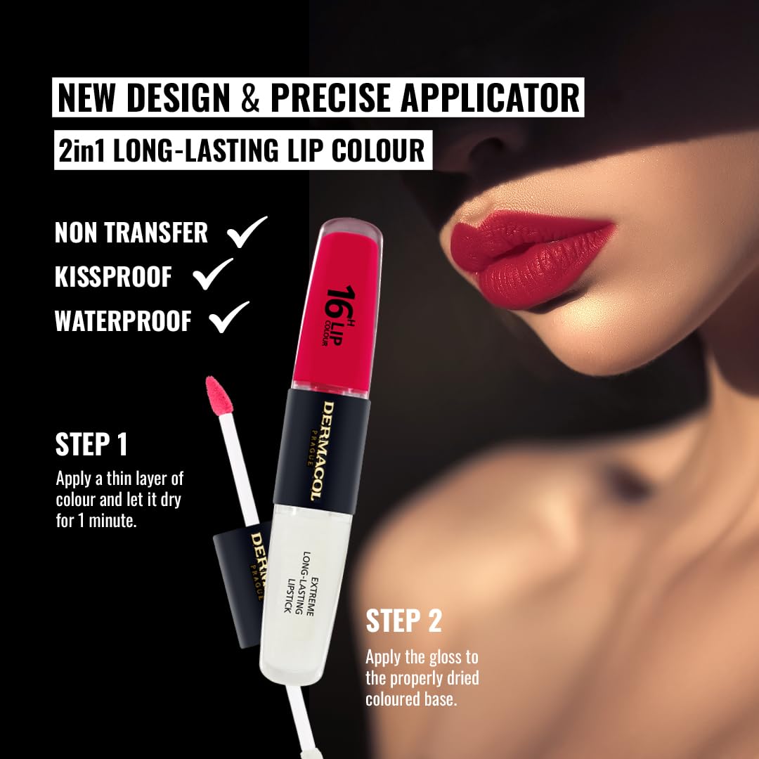 NEW Dermacol, 16-Hour Lip Colour, Highly Pigmented Glossy Lip Stain, Two-Phase Lip Plumper Gloss - Image 2