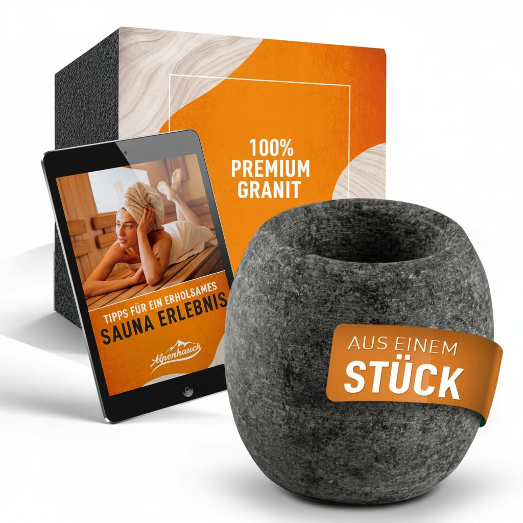 ALPENHAUCH Sauna Aromaschale aus massivem Granit [5x5cm] - Hitzebeständiger Sauna Aufguss Stein für intensiven Duft - Für Mentholkristalle & Saunaöle - Sauna Zubehör inkl. E-Book
