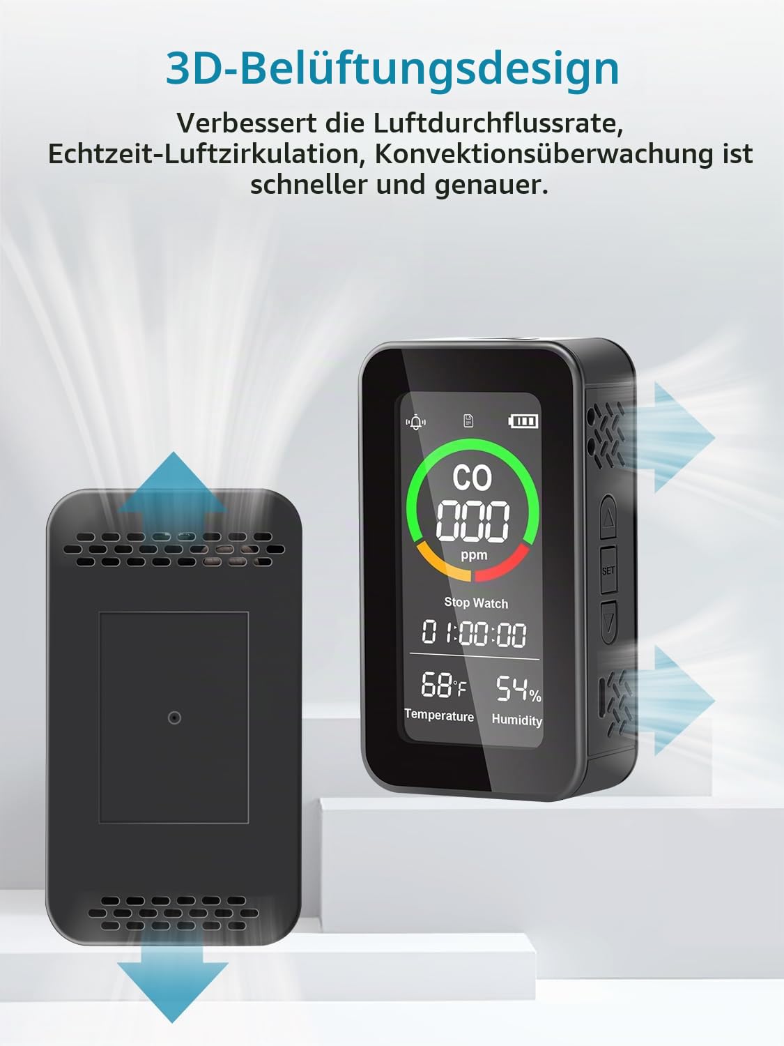 CF-9R kohlenstoffmonoxid melder, CO-detektor, Luftqualitätsmonitor mit akustischen und optischen Alarmen, Taschenlampe, Stoppuhr, Temperatur-Feuchtigkeitssensor für Zuhause, Reisen, Camping