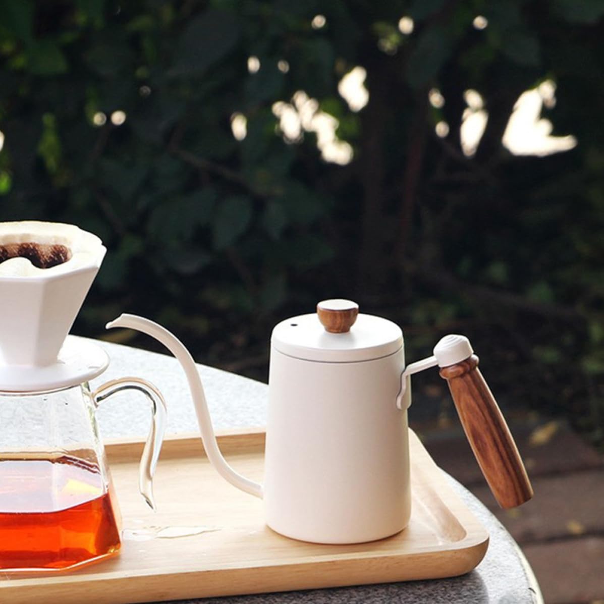 Hemobllo Bollitore da Caffè 600ml in Acciaio Inossidabile Manico in Legno Ergonomico Antiscottatura per Cucina e Ufficio, Caffettiera a Collo di Cigno per Infusione Manuale