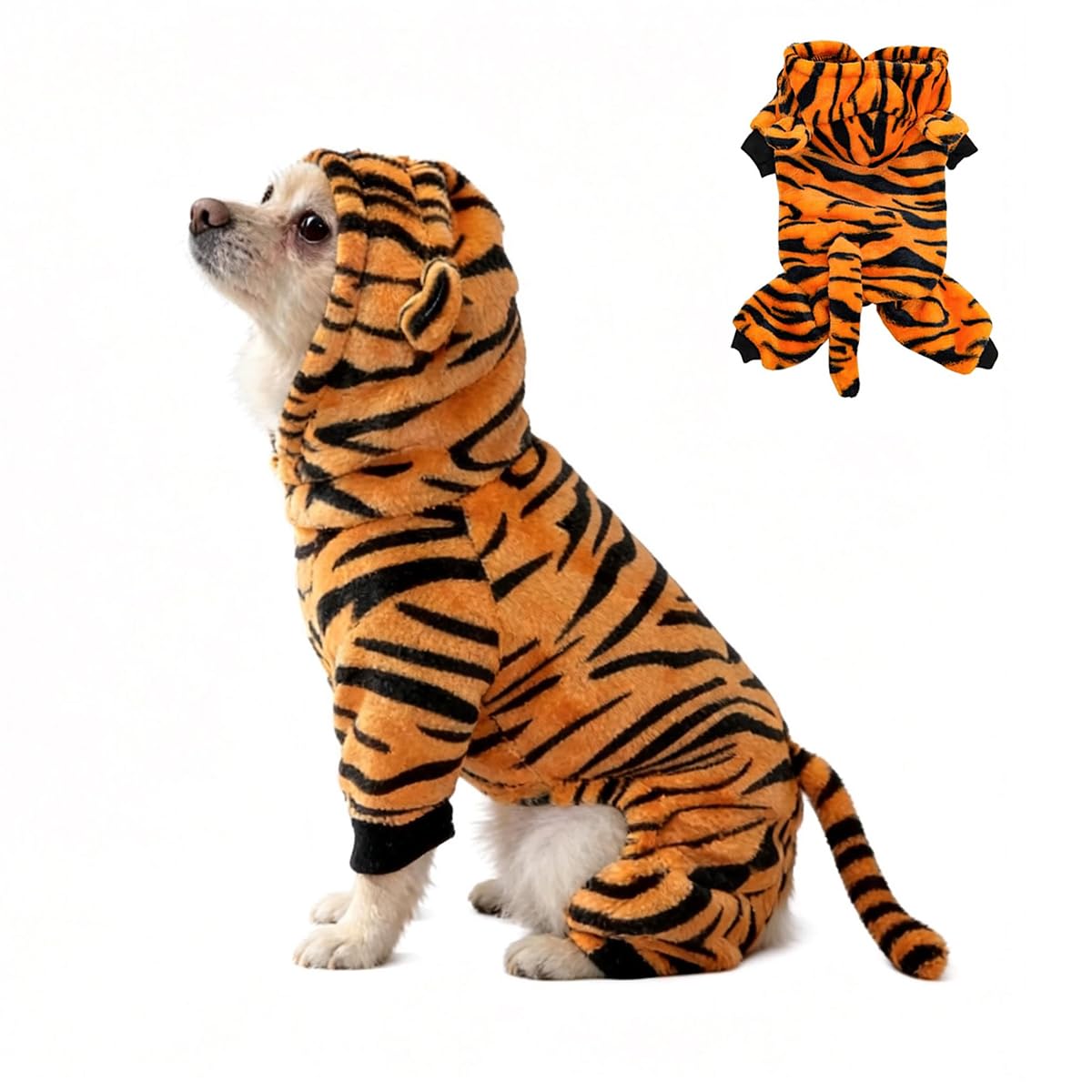 Haustierkostüm-Kollektion, Dinosaurier-Tiger-Bienenmuster, Kapuzenoutfits, warme Winterkleidung, Polyester, kleine Hunde und Katzen, Halloween, Weihnachten, Cosplay (X-Large, Tiger)