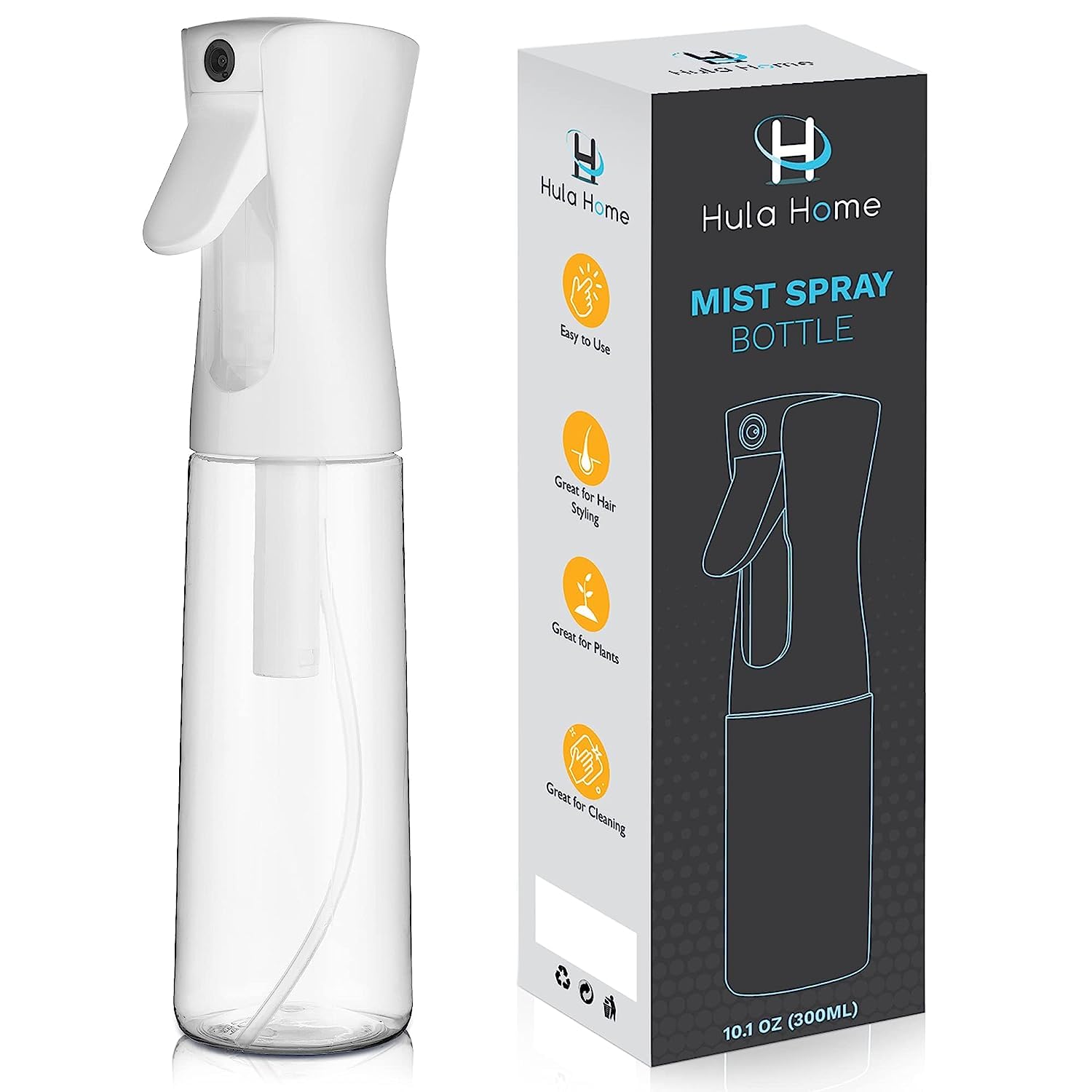 Hula Home5 Second Continuous Spray Bottle (10.1oz/300ml) Empty Ultra Fine Plastic Water Mist Sprayer – For Hairstyling, Cleaning, Salons, Plants, Essential Oil Scents & More - White