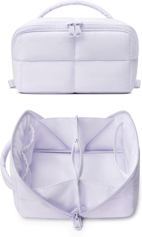 Necessaire de maquiagem Comfyable Puffy, organizadora compacta, abertura plana de 180°, lavanda