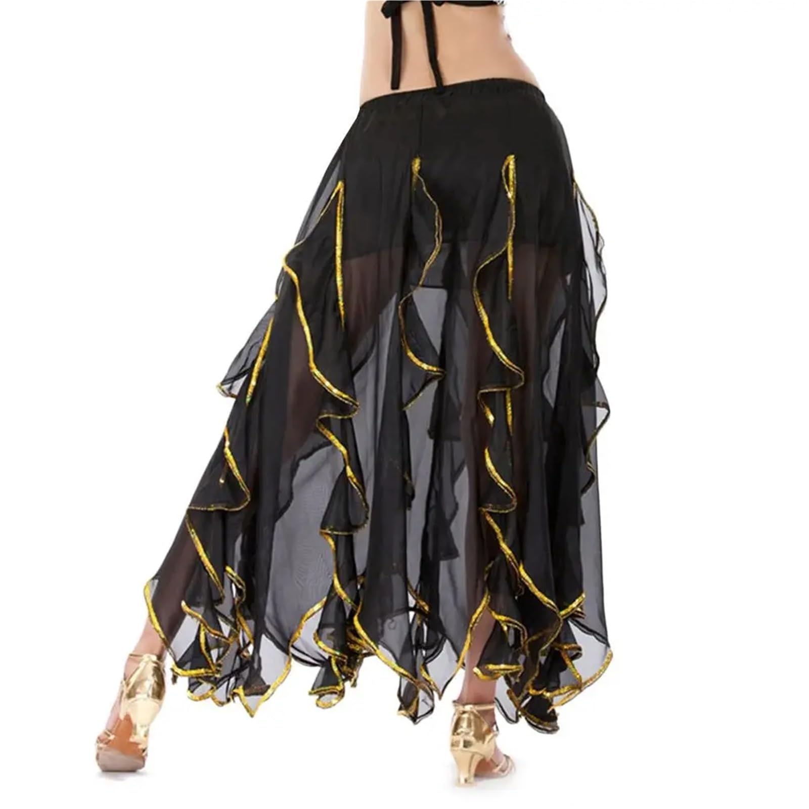 TRRYUIP Belly Dance Skirt Sparkling Belly Women Chiffon Shiny Tassels Long Dancing Skirt Show Costumes(Black)
