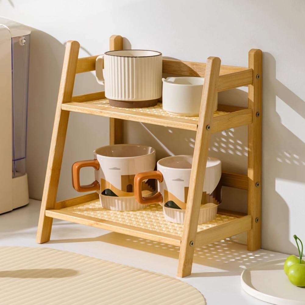 Double-Layer Bamboo Shelf Organizer for Kitchen – Rattan-Style Cup Rack & Pantry Organizer – Storage Shelves for Cabinet, Counter, Dormitory, Home Decor (khaki)