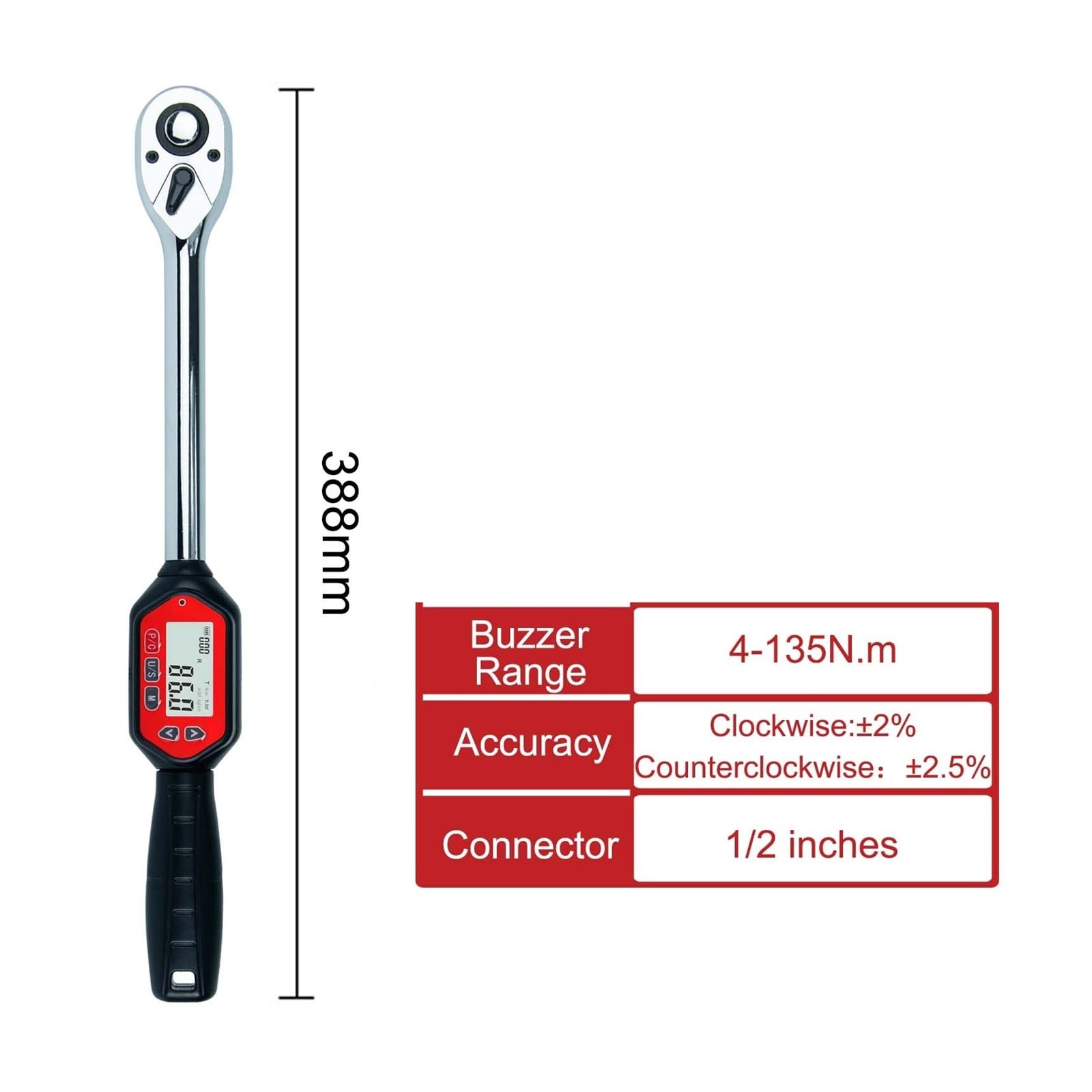 Klucz dynamometryczny cyfrowy 1/2 cala, 4-135 Nm, 2,9-99,6 ft-lbs z brzęczykiem i diodą LED, Kalibrowana dokładność