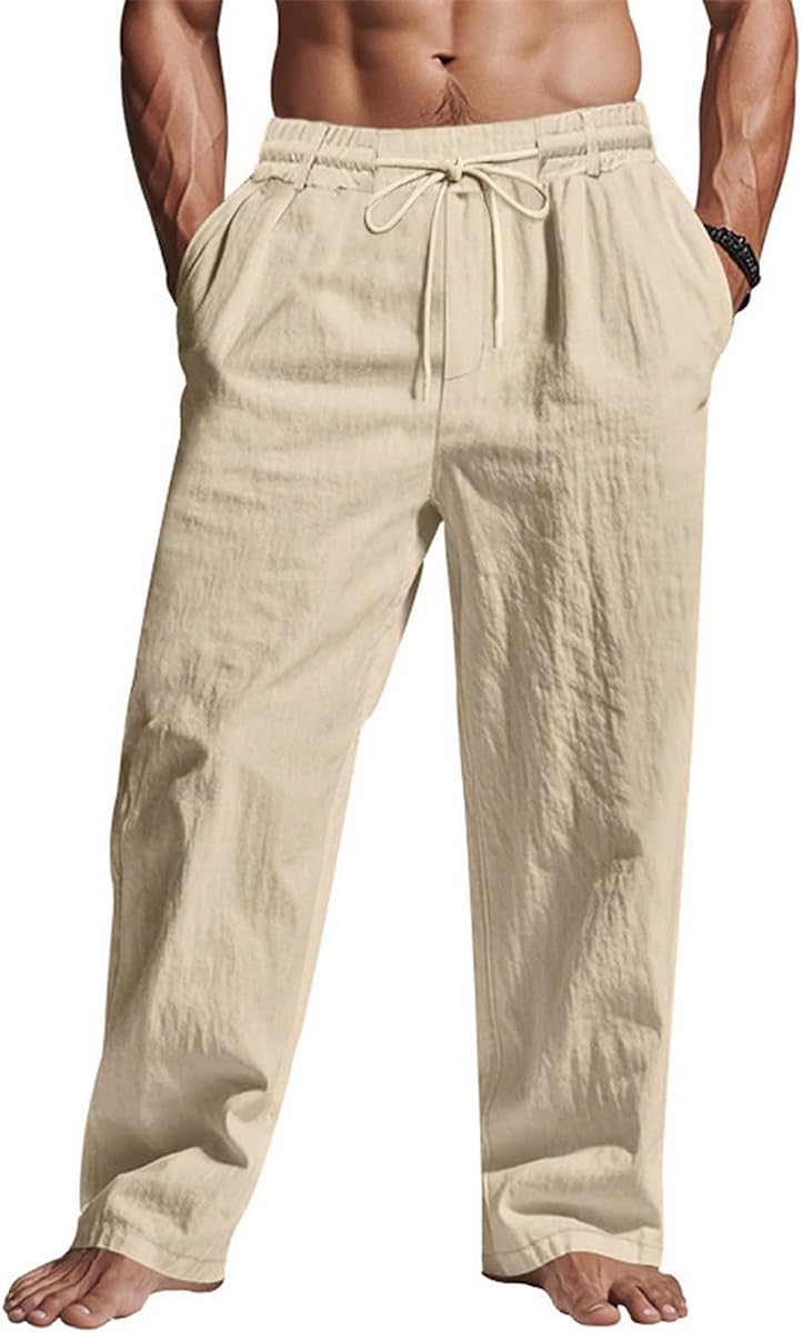 Puimentiua Casual Linen Pants Men Elastic Drawstring Baggy Summer Lounge