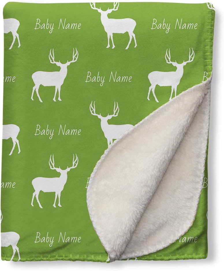 Personalized Deer Pattern Blanket with Baby Name Printing for Baby Boy Girl, Super Soft Sherpa Blanket, Green 31x47 Inch