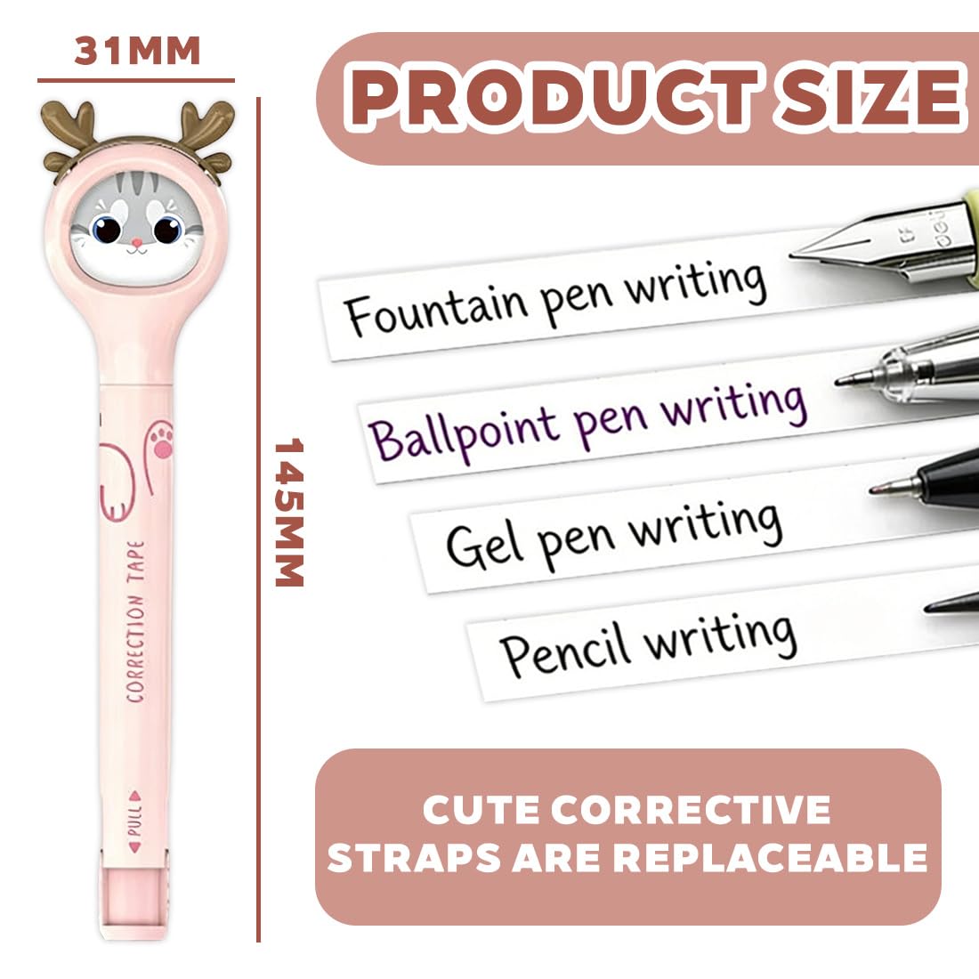 Correttore a Nastro Forma Penna 6M x 5MM Rullo di Correzione Kawaii Gatto per Ufficio