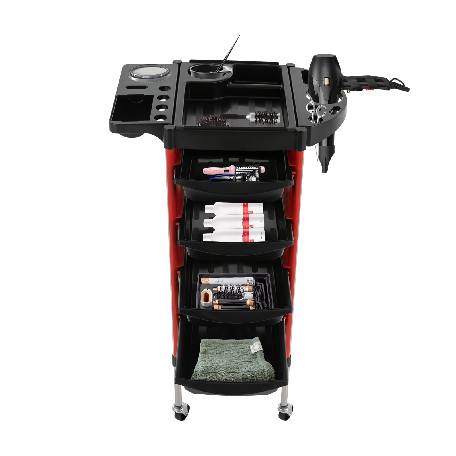 Carrello Parrucchiere Professionale 38 x 88 cm 5 Ripiani + 4 cassetti Ruote silenziose Rosso per Centri estetici e Parrucchieri
