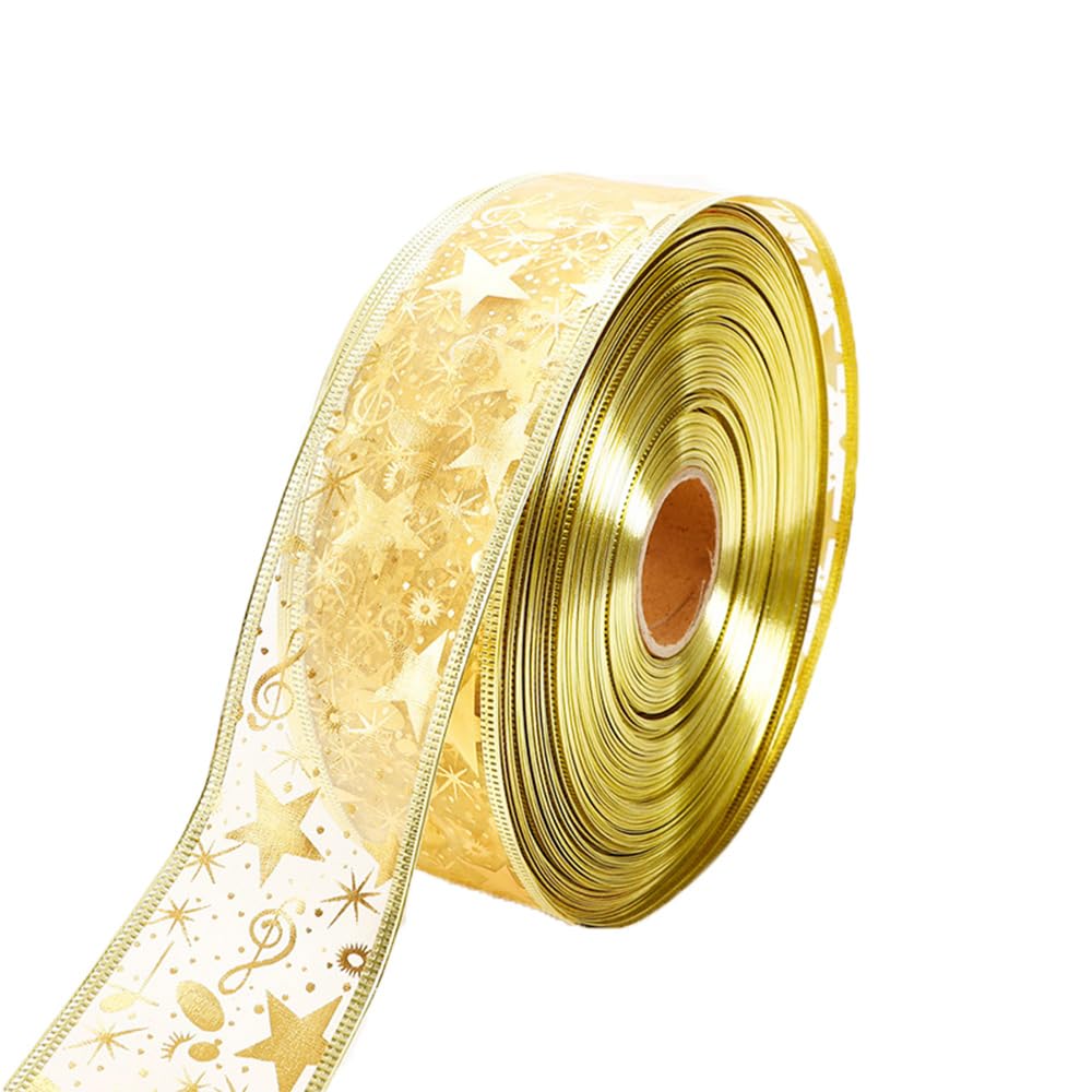 50 Yards Organzaband mit Draht Weihnachtsband 6.3CM Gold Schleifenband Geschenkband mit Sternen Musiknoten Organza Drahtband Glitzerband Weihnachtsbaum Dekoband für Party Hochzeit Kränze DIY