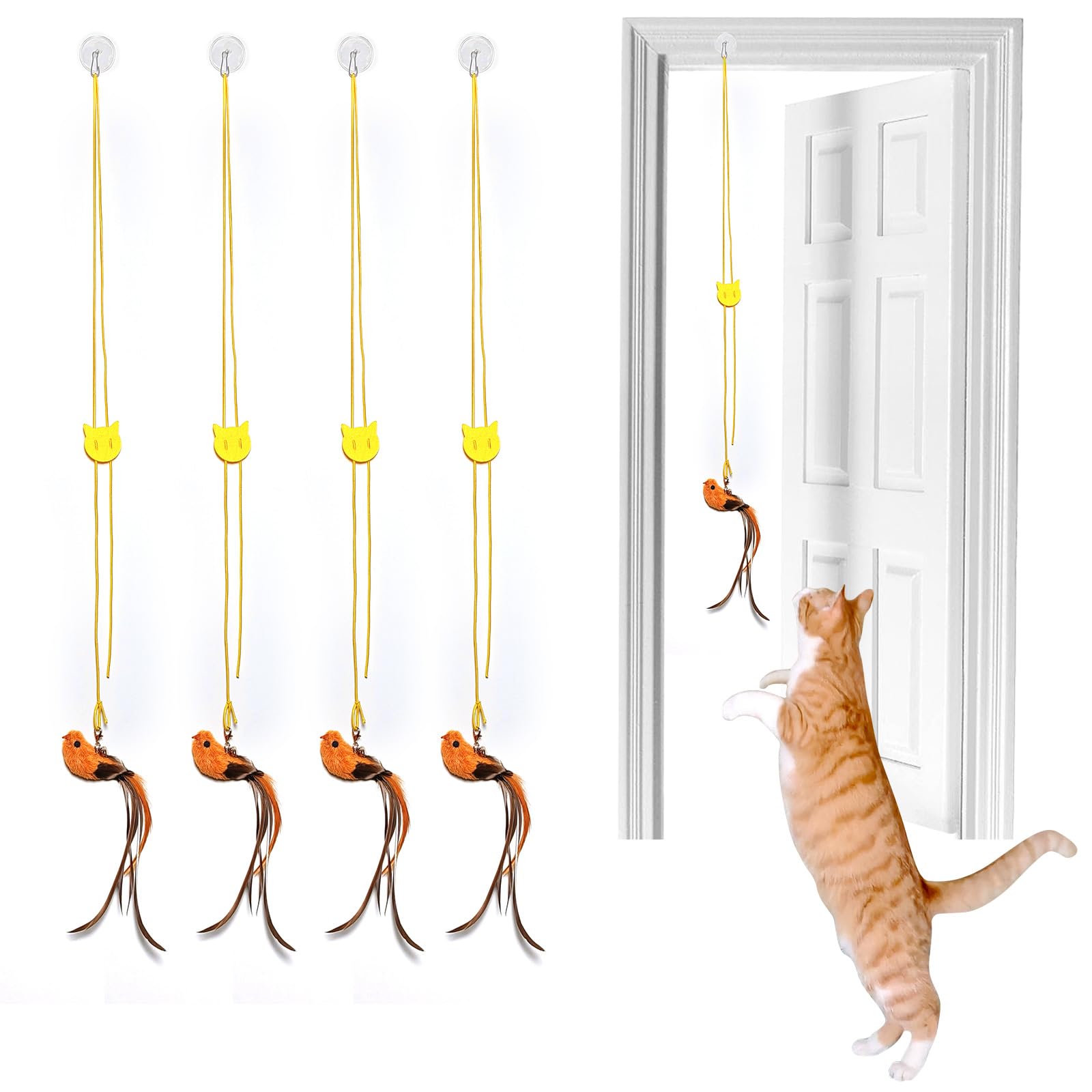 4 Bird Cat Wand Toy Refill for Indoor Cats, Interactive Birds Simulation Set,Door Hanging Feather Cat Toys String Wand Replacement Attachments