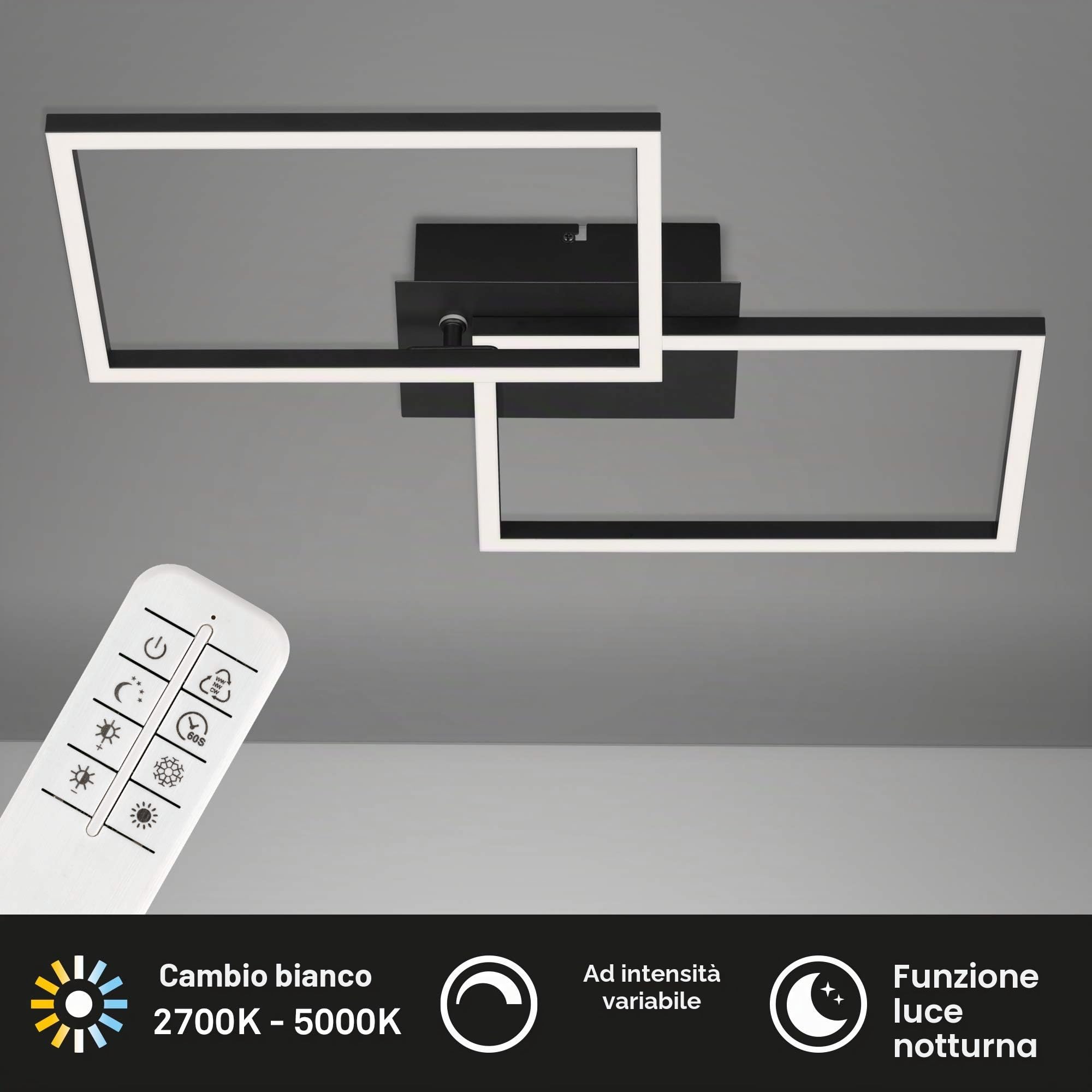 BRILONER - Lampada LED, Lampadario Dimmerabile, Plafoniera Soffitto con Telecomando, Regolazione Temperatura Colore, Funzione Luce Notturna e Timer, Nero, 500x388x78mm