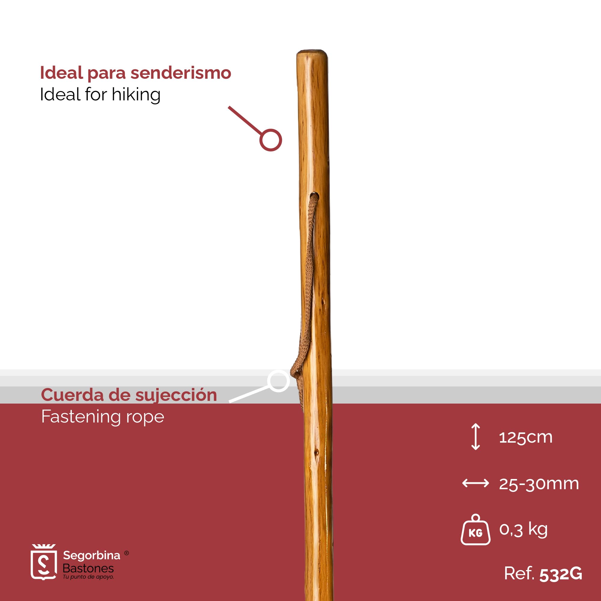 SB Bâton de randonnée Trekking en Bois de châtaignier Naturel 125cm avec Corde et Pointe en métal. Léger et Robuste, utilisez-Le sur Le Terrain Tout en respectant l'environnement.