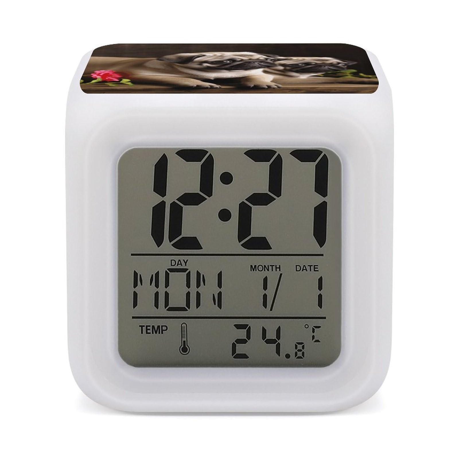 VstaDank Puppys Pug Alarm Clocks with 7 Color Changing Night Light Exquisite Bedroom Digital Clocks with LED Temperature Display Desk Clock Ok to Wake Clocks for Heavy Sleeper
